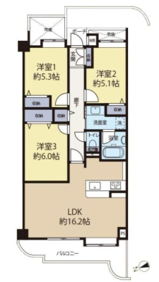 間取り図　ファミリーに人気の３LDK♪7階建て6階部分のお部屋で明るく開放感があります！