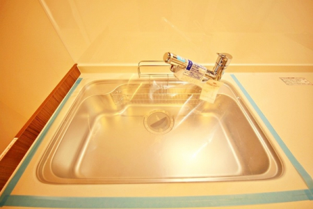 キッチン　浄水機能付き水栓。蛇口に浄水機能を内蔵したコンパクト設計。見た目が普通の蛇口とほぼ変わらないのにホースを引き出せてシャワーも使え、便利。