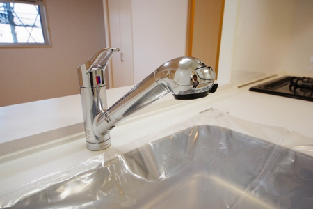 キッチン　【浄水機能付き水栓】蛇口に浄水機能を内蔵したコンパクト設計。見た目が普通の蛇口とほぼ変わらないのにホースを引き出せてシャワーも使える便利さ。