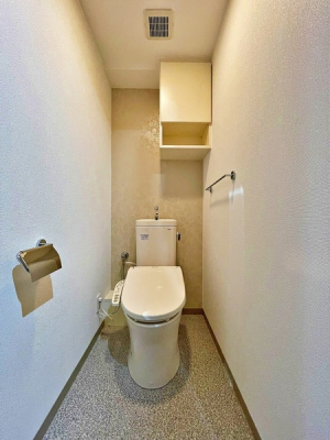 トイレ　タンク一体型のすっきりしたデザインのシャワートイレです。お掃除も簡単なので家事の時短にもなりますね♪
ちょっとした収納があるのも嬉しいポイントですね♪