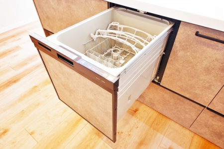 キッチン　食器洗浄乾燥機完備のシステムキッチン採用！実は節水にも繋がる優れものです♪高温で洗浄するので汚れもしっかり落とせます！キッチン横には収納があり、家電やダストボックス等、置けて便利。