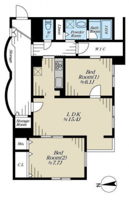 間取り図　ファミリー向けの２LDKタイプ。家事動線を考慮された間取り。廊下部分が少なく、全居室６帖以上で広さも充分♪1階住戸ですが窓が多く明るい室内です。