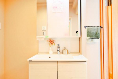 洗面台・洗面所　洗面台には三面鏡を採用。