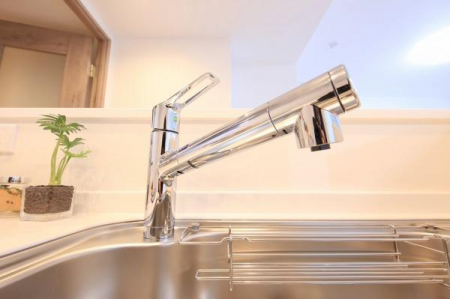 キッチン　スッキリとしたデザインの浄水器一体型水栓。ヘッドを引き出して使えるので、お料理はもちろんシンクの掃除もし易く、小さなお子様にも安心しておいしい水をご利用いただけます。