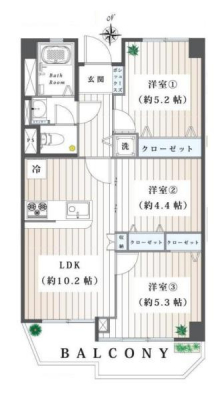 間取り図　ファミリー向けの3LDK♪洋室2は可動間仕切りで開放することが可能◎家族団らんの空間となるよう、子育て世帯に人気の対面式キッチンキッチンを採用。