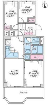 間取り図　ファミリー向けの3LDK！各居室収納完備＋ウォークインクローゼットで荷物が多い方でも安心です。